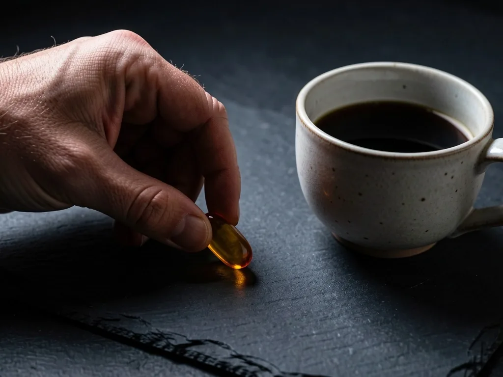 Placing a vitamin capsule beside morning coffee